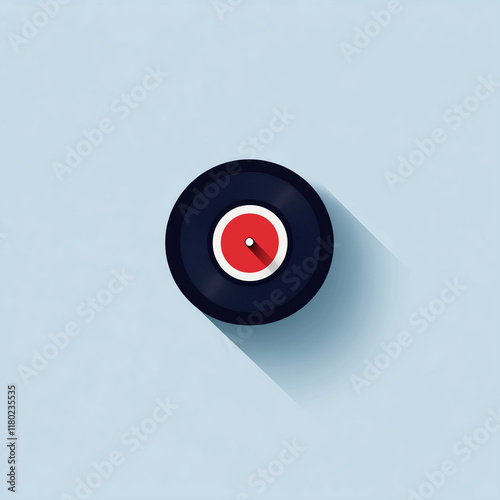 A classic vinyl record rests against a soft blue backdrop, featuring a central red label. The round shape and shadow add depth, evoking a sense of nostalgia for music lovers
