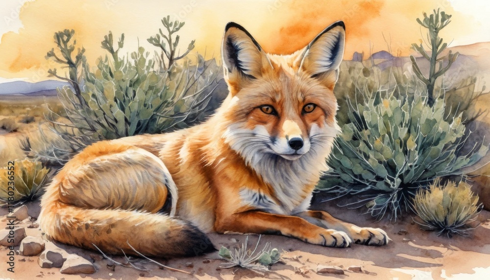 Fototapeta premium Relaxing red fox in a sunlit desert landscape with cacti and distant mountains during the day