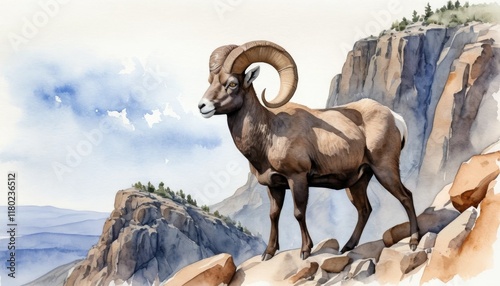 Wildlife watercolor illustration of a bighorn sheep standing on a rocky outcrop in a desert landscape during daytime