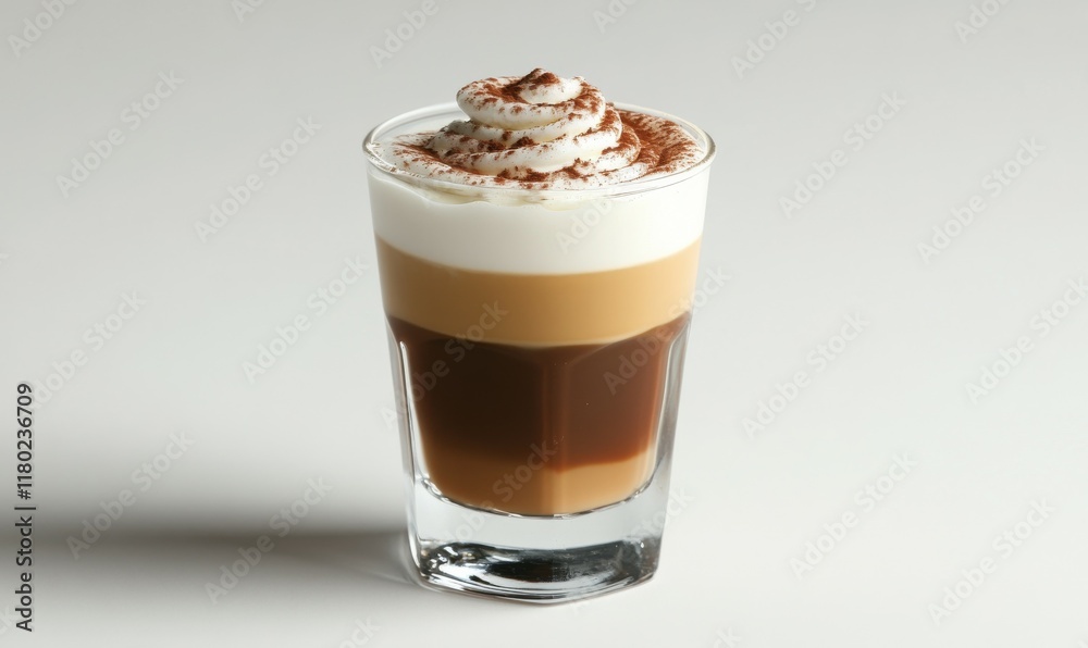 An espresso drink with cream and cocoa. Latte art is on the glass. An espresso drink with cream and cocoa. Latte art is on the glass.