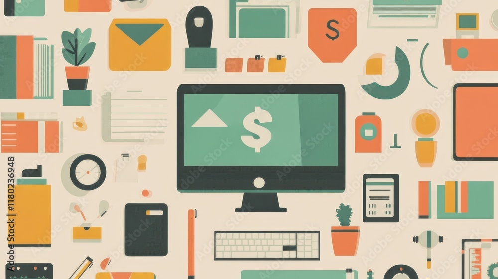 Computer screen displays upward trending dollar symbol surrounded by office supplies Computer screen displays upward trending dollar symbol surrounded by office supplies
