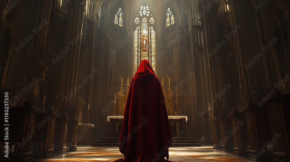 A cinematic still of an ancient red cloak with a hood covering the face, standing in front of an ornate church altar A cinematic still of an ancient red cloak with a hood covering the face, standing in front of an ornate church altar