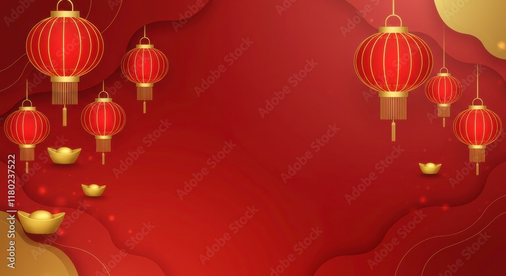 Chinese New Year Celebration: Red and Gold Lanterns Hang on a Vibrant Red Background with a Paper Cut-Out Design. Perfect for greeting cards, invitations, and social media posts. Chinese New Year Celebration: Red and Gold Lanterns Hang on a Vibrant Red Background with a Paper Cut-Out Design. Perfect for greeting cards, invitations, and social media posts.