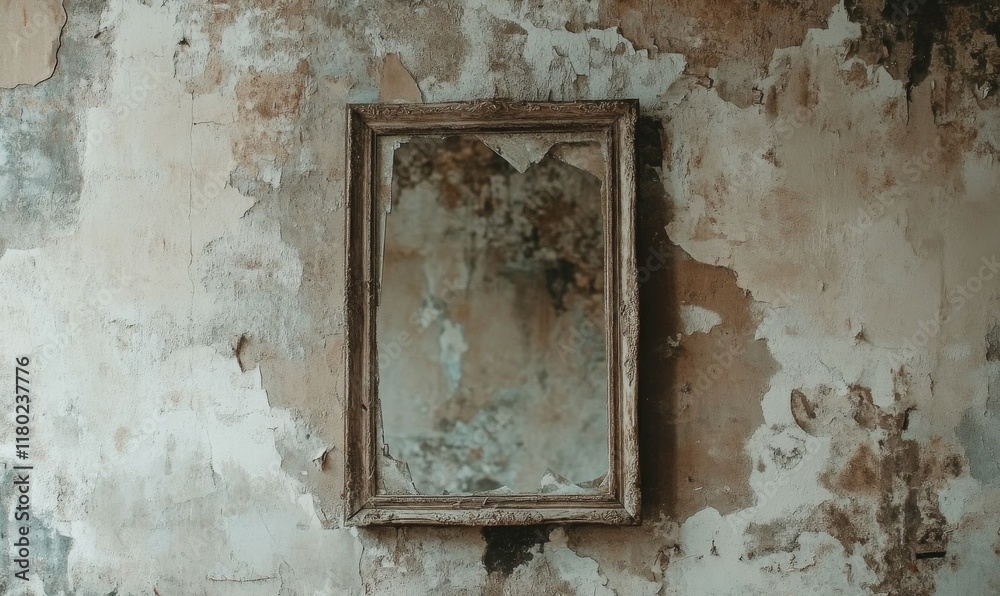 large mirror is hanging on a wall in a room with a lot of damage. The mirror is empty and the room is very bare. large mirror is hanging on a wall in a room with a lot of damage. The mirror is empty and the room is very bare.