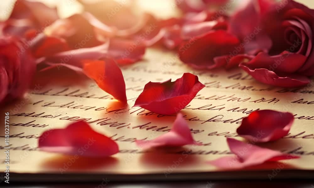 Rose petals scattered over a handwritten love letter, soft-focus pastel and mocha background