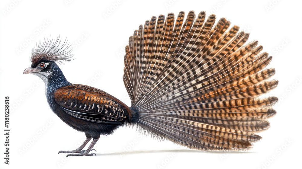 A detailed illustration of a crested bird with a vibrant, fanned tail against a white background. A detailed illustration of a crested bird with a vibrant, fanned tail against a white background.