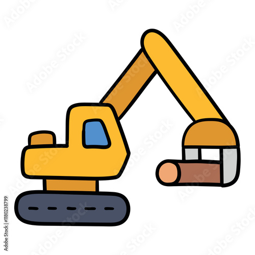 Hand drawn cartoon yellow excavator with log icon on white background.
