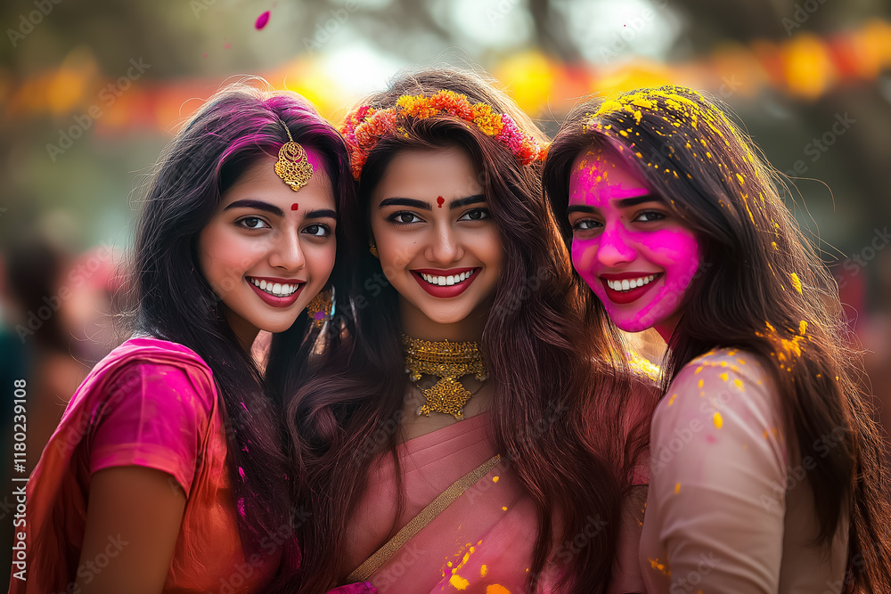 Fototapeta premium Friends posing with colorful faces and wide smiles, showing Holi excitement