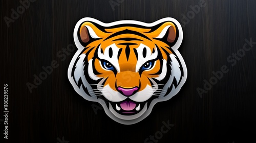 Fierce tiger head graphic against a dark wood background.  A powerful, stylized image. photo