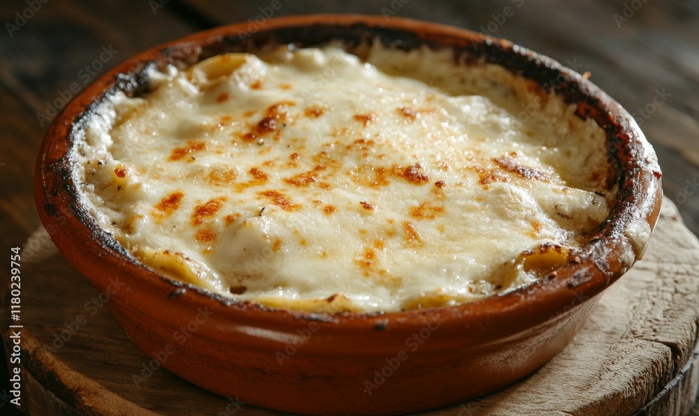 Baked lasagna with golden cheese topping in a rustic clay dish Baked lasagna with golden cheese topping in a rustic clay dish