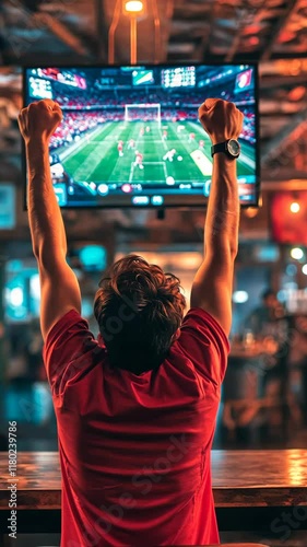 Excitement in a sports bar as a fan cheers for his team during a thrilling soccer match on screen