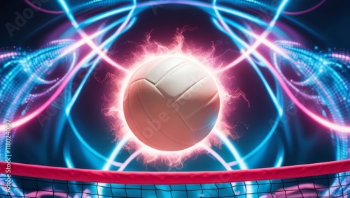A glowing neon volleyball and volleyball net against futuristic digital background