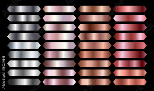 Collection foil. Set of metal gradients, gold, bronze, copper, silver, white gold, rose gold. Palette. Aluminum. Luxury effect. Background. Ribbon. Gradation. Texture chrome. Trendy frame