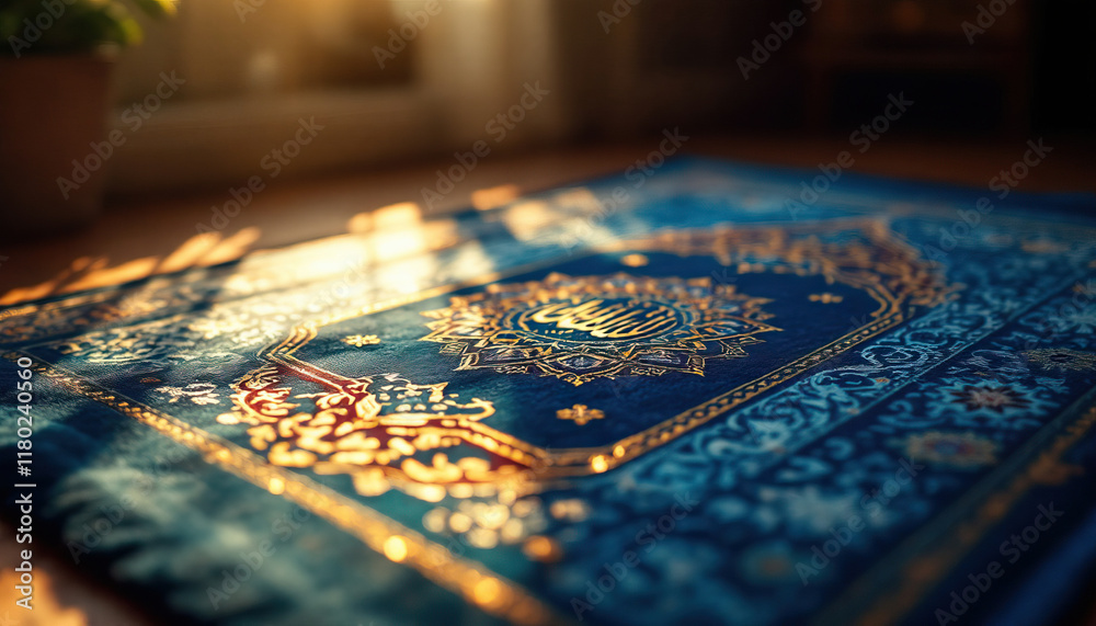 Naklejka premium Sunlit prayer rug with intricate designs capturing the spiritual essence of ramadan kareem in a warm setting