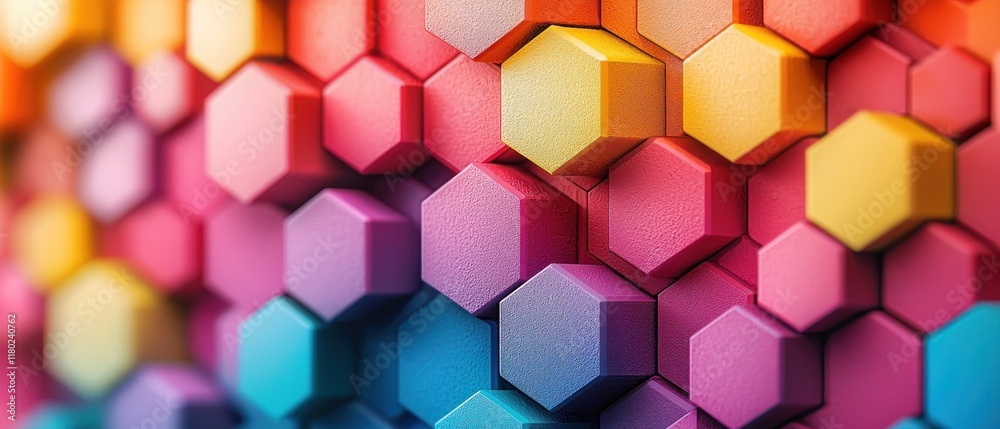 A vibrant arrangement of hexagonal shapes in various colors creating a textured visual display. A vibrant arrangement of hexagonal shapes in various colors creating a textured visual display.