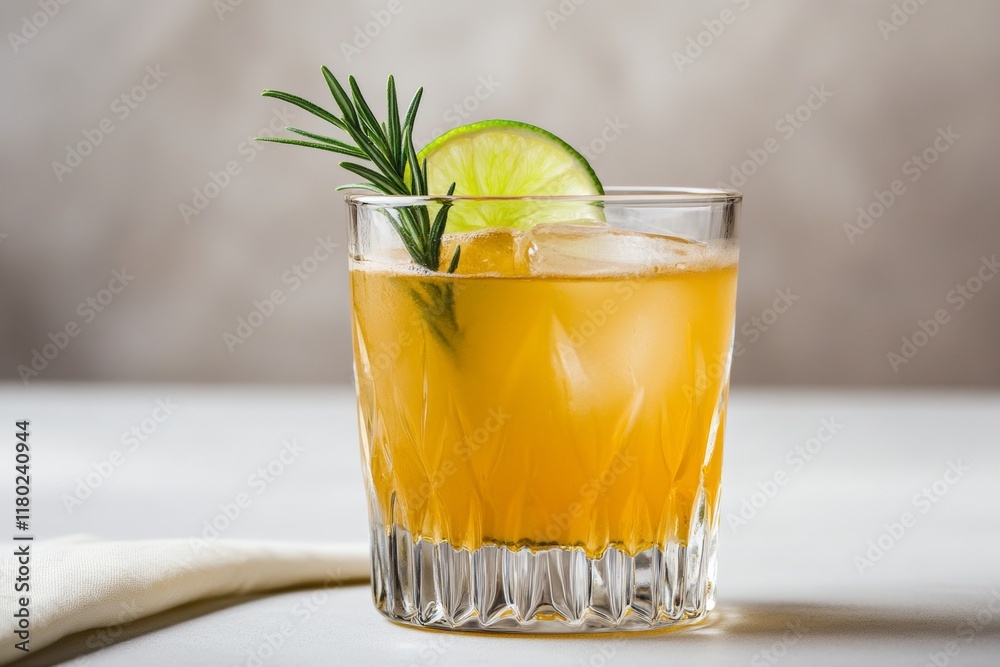 Fototapeta premium A refreshing cider cocktail featuring lime and a sprig of rosemary garnished elegantly. The drink is placed on a rustic table, capturing the warm glow of sunset light
