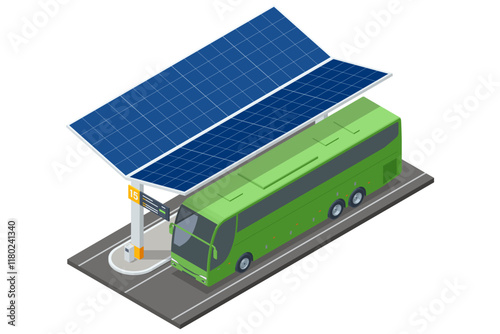 Isometric vector illustration of a modern bus charging station with solar panels and a green long-distance bus parked. Concept of sustainable transportation and energy