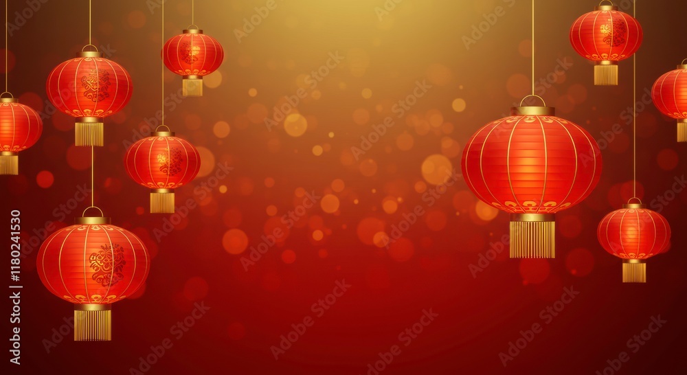 Red Lanterns of Celebration: A vibrant backdrop of glowing red lanterns, strung against a warm golden bokeh, evokes the festive spirit of Chinese New Year or other celebratory occasions. Red Lanterns of Celebration: A vibrant backdrop of glowing red lanterns, strung against a warm golden bokeh, evokes the festive spirit of Chinese New Year or other celebratory occasions.