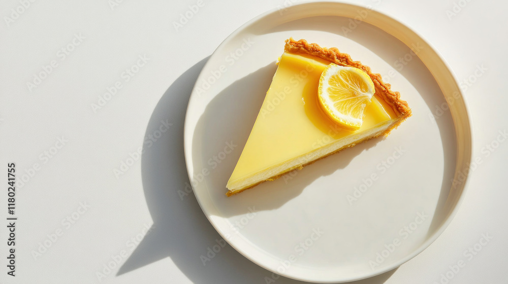 A slice of lemon tart on a white plate, garnished with a lemon slice. A slice of lemon tart on a white plate, garnished with a lemon slice.