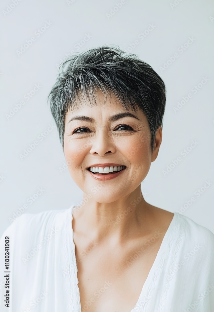 A photograph of an attractive, smiling woman in her fifties with short hair A photograph of an attractive, smiling woman in her fifties with short hair