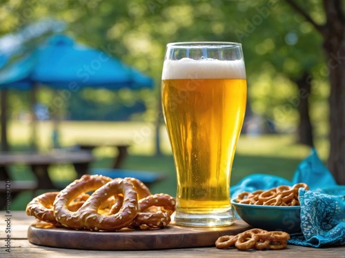 A pilsner glass filled with bright golden beer sits on a wooden picnic table, alongside a small bowl of pretzels.