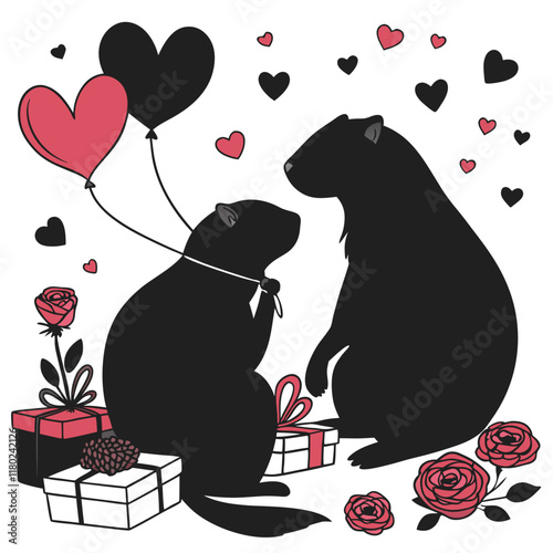 happy valentine's day couple cute animal love silhouette vector illustration