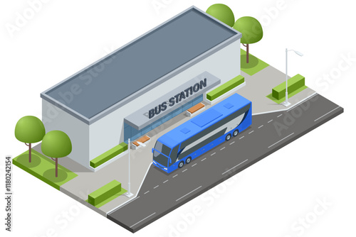Isometric vector of a small bus station labeled Bus Station with a blue bus parked outside and surrounding greenery. Represents urban and intercity transport