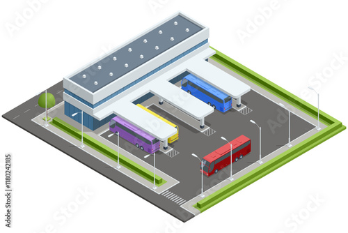 Isometric vector of a modern bus station with parking lanes, colored buses, and a white building featuring waiting areas. Represents intercity transportation hubs
