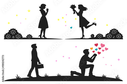 happy valentine's day girl and boy silhouette vector illustration