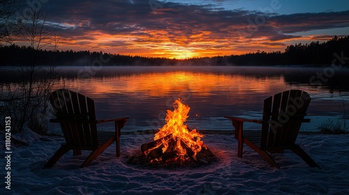 Fire pit, chairs by lake at sunset.