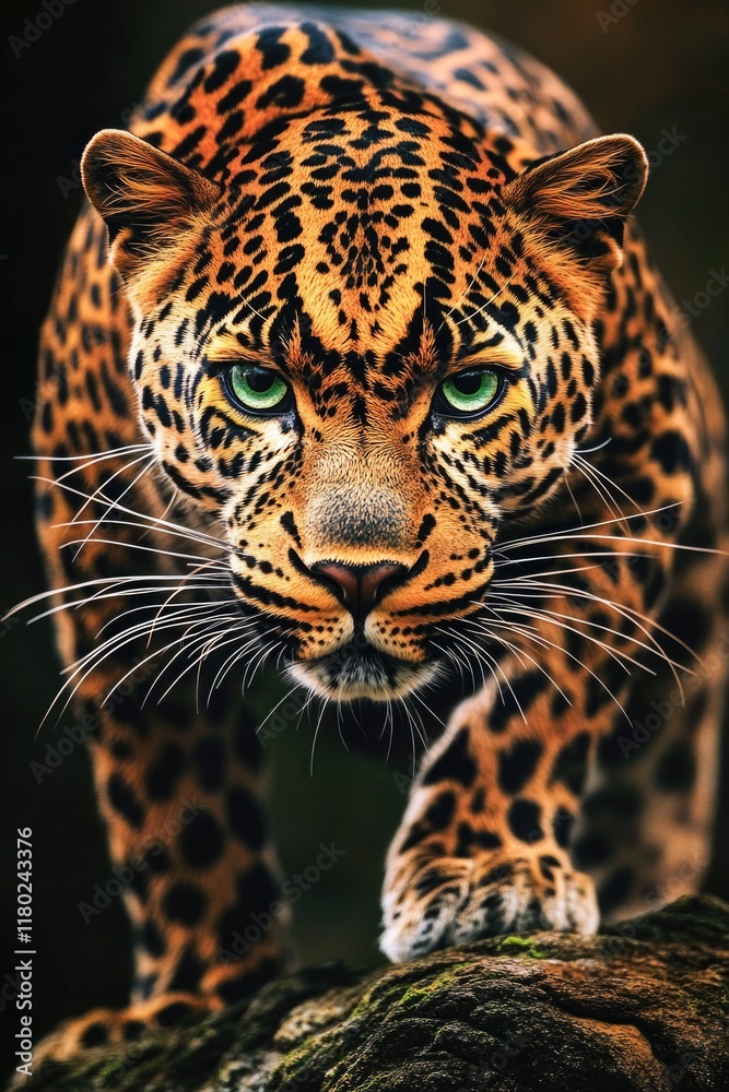 Obraz premium Close-up shot of a leopard sitting on a rock, with natural habitat in the background