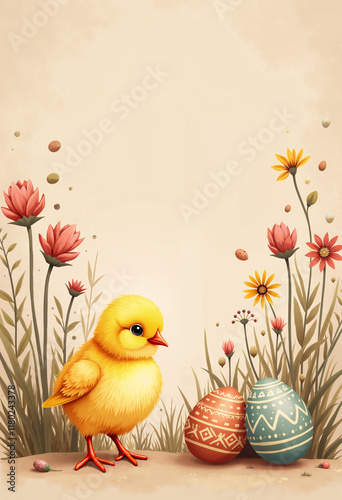 Earthy boho Easter design with a fluffy baby chick, wildflowers, pampas grass, and pastel tribal-patterned eggs, set on a warm sandy beige background