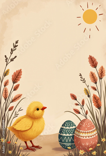 Earthy boho Easter design with a fluffy baby chick, wildflowers, pampas grass, and pastel tribal-patterned eggs, set on a warm sandy beige background