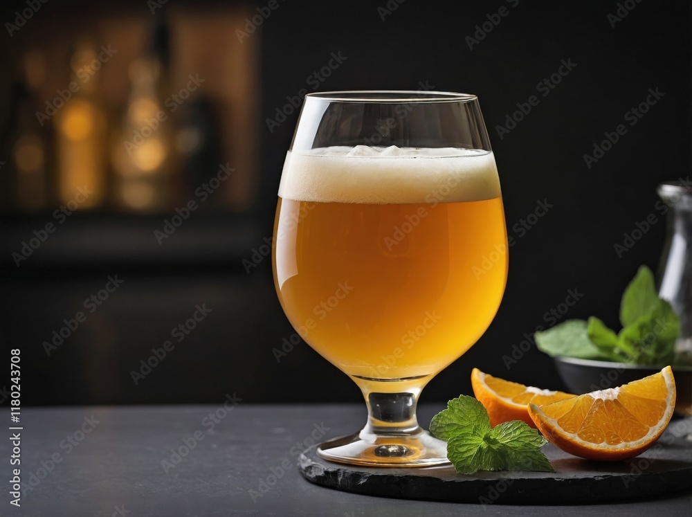 A sleek snifter glass filled with golden, slightly hazy sour beer rests on a matte black surface. A sleek snifter glass filled with golden, slightly hazy sour beer rests on a matte black surface.