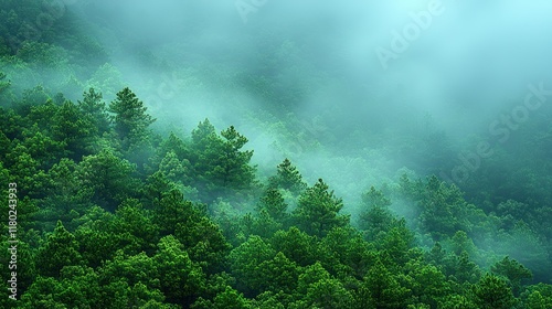Fog shrouds lush green trees on a hillside.