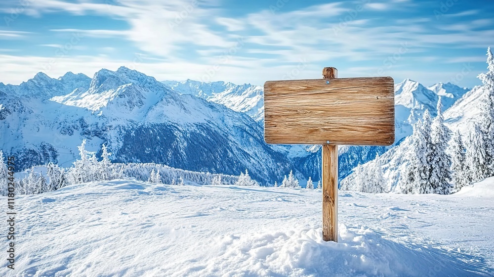 Naklejka premium A wooden sign on a snowy mountain with a beautiful winter landscape in the background.