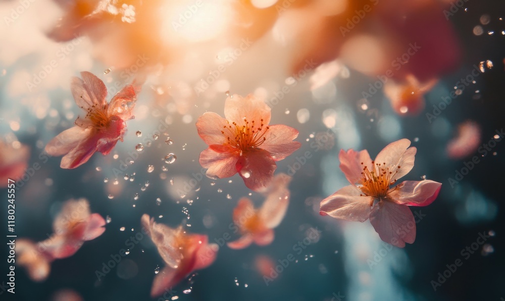 Backlit Cherry Blossoms with Floating Petals and Sunlight Bokeh Backlit Cherry Blossoms with Floating Petals and Sunlight Bokeh