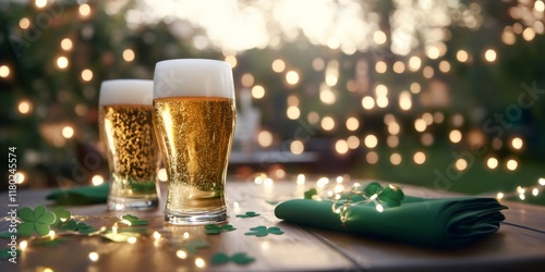 st patricks day celebration, pub scene with beer glasses on table, surrounded by shamrock lights and green napkins for festive celebration photo