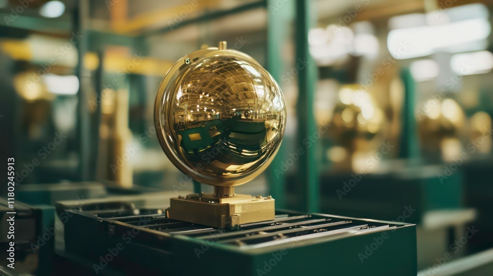 Golden globe on a production line in a modern factory setting. Golden globe on a production line in a modern factory setting.