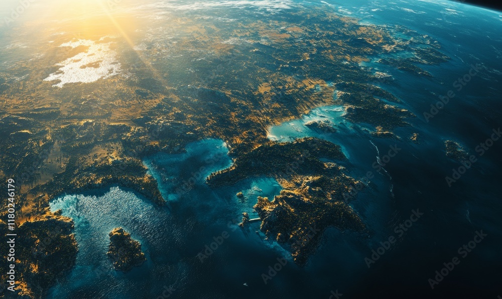 Fototapeta premium Beautiful view of the Earth from space, with the sun shining brightly on the land and water. The colors are vibrant and the scene is peaceful