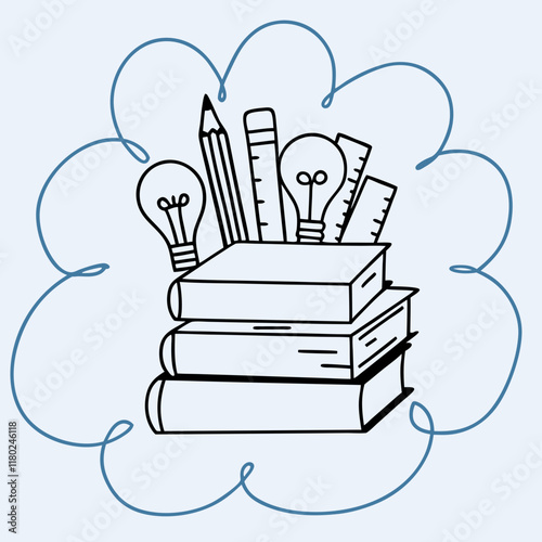 Creative illustration of stacked books with light bulbs and stationery for education and ideas