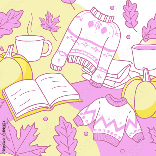 Cozy autumn illustration featuring sweaters, books, tea, and pumpkins on a vibrant background
