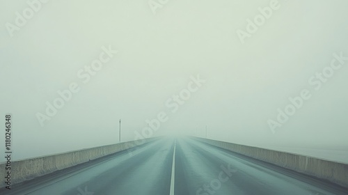 An endless road disappears into the fog, merging with the sky, creating a sense of mystery and adventure in a monochrome palette. photo