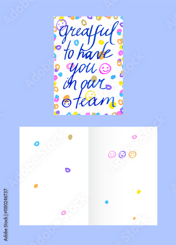 Grateful to have you on our team! Happy Work Anniversary Greeting Card to be sent to employees, students, schoolchildren or kids. Design and inscription made by markers. Front and back with copy space