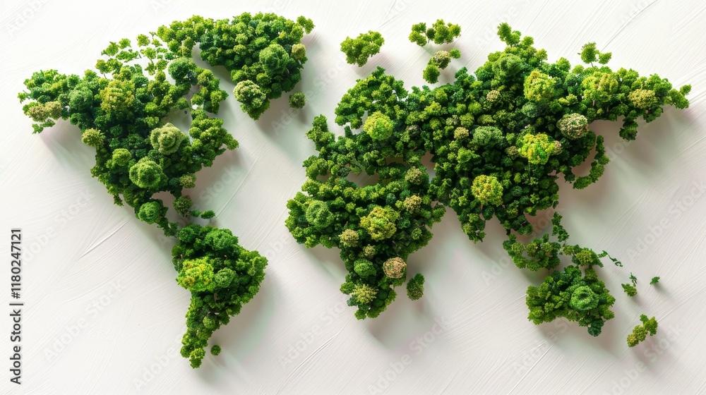 World map formed by green trees on white background symbolizing environmental sustainability World map formed by green trees on white background symbolizing environmental sustainability