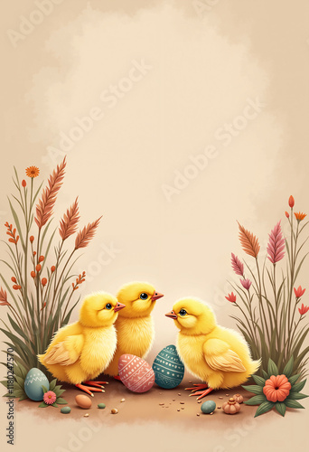 Serene boho-style Easter illustration with three baby chicks, pampas grass, wildflowers, and muted pastel Easter eggs, set against a soft sandy beige background