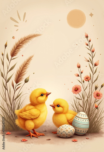 Baby chicks, pampas grass, and pastel Easter eggs – boho Easter design with earthy tones and a sandy beige background.