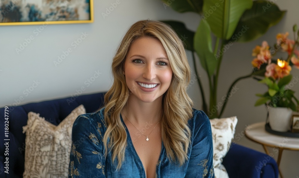 Portrait of Smiling girl in a blue dress sitting on a blue sofa Portrait of Smiling girl in a blue dress sitting on a blue sofa