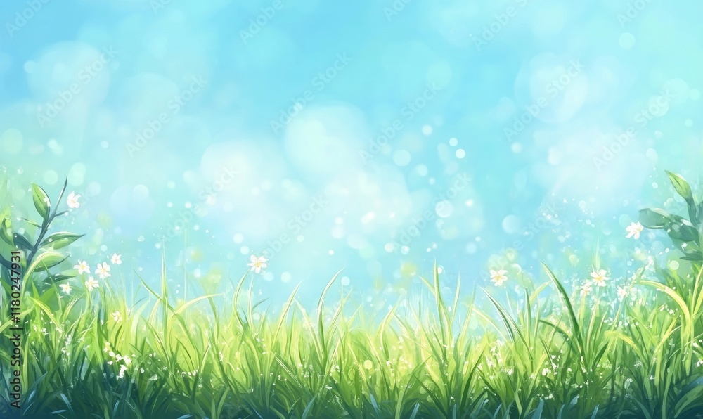 Obraz premium Beautiful sunny spring meadow with green grass and blue sky. Abstract background with light bokeh and space for text.