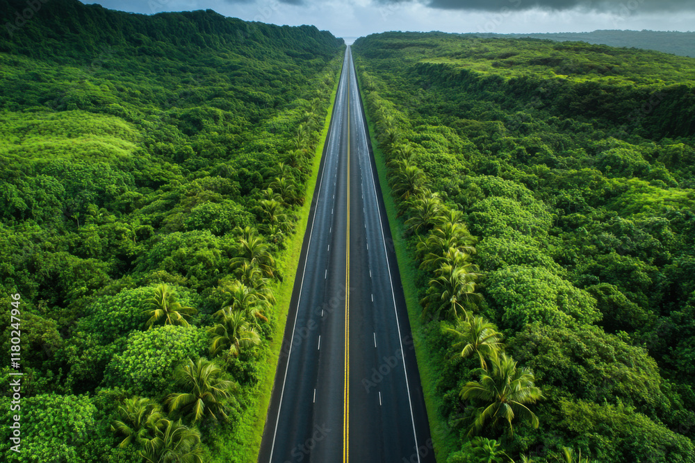 Straight highway through lush tropical rainforest Straight highway through lush tropical rainforest